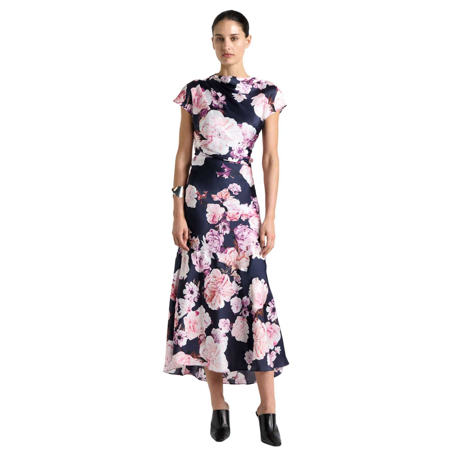 Cue Photographic Rose Satin Midi Dress